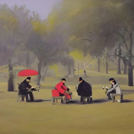 Prompt: Painting of chess players in a park on a dewy winter morning