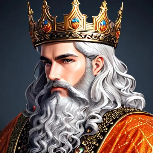 Prompt: Full-body detailed masterpiece, fantasy king, detailed curly bronze hair, unique detailed beard, high-res, quality upscaled image, perfect composition, detailed pointed ears, large complex crown surrounding domed hat, beautiful detailed silver kingly outfit with orange diamond pattern, very fair skin, pale skin