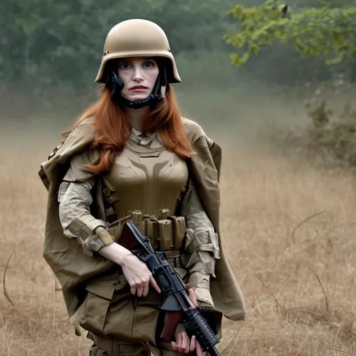 Prompt: jessica chastain, tan poncho, army helmet, soldier, m16, vietnam, body armor, blue eyes, beautiful