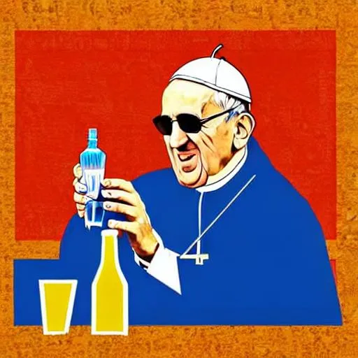 Prompt: Produce a digital art piece of the Pope sitting in a modern-day Western-themed bar, having a drink with cowboys (medium: digital art). The style should reference the works of Ed Ruscha and David Hockney, incorporating elements of pop art such as bold colors and graphic shapes (style: Pop Art). Use a bright, vibrant color palette, focusing on shades of blue, pink, and yellow to create a fun, playful atmosphere (colors: vibrant). The lighting should be bright and lively, with neon lights and glowing signs illuminating the faces of the Pope and the cowboys (lighting: bright, neon). The camera should be positioned in a whimsical composition, using a fisheye lens to create a sense of distortion and exaggeration (composition: fisheye lens, whimsical).