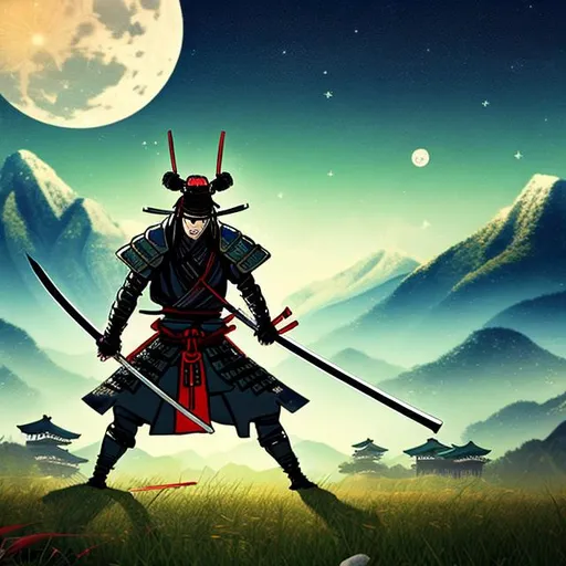 Prompt: A samurai with a katana is lying on a wide grass field surrounded by beautiful mountains and under the sparkling stars and moon