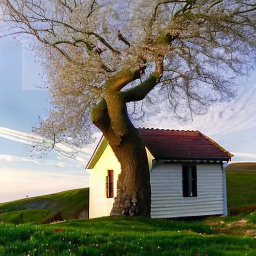 Prompt: little white wooden house on the highest hill surrounded below in the valley by spring camas flowers and a lone oak tree