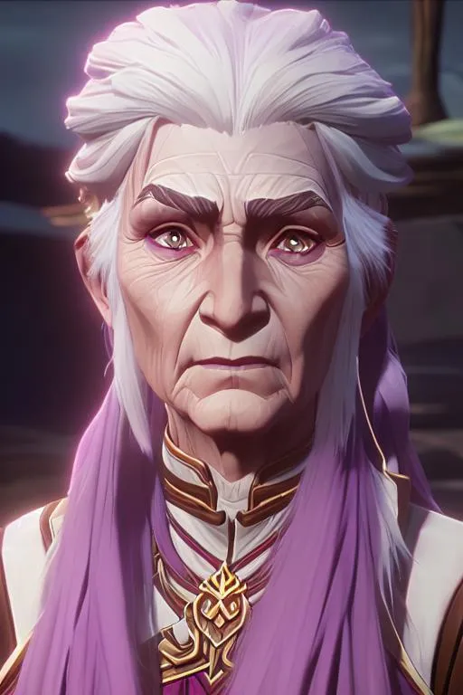 Prompt:  Old female druid elder,  beautiful white hair, boho style, pink accents, using fire magic, wrinkles on face, pale skin, perfect composition