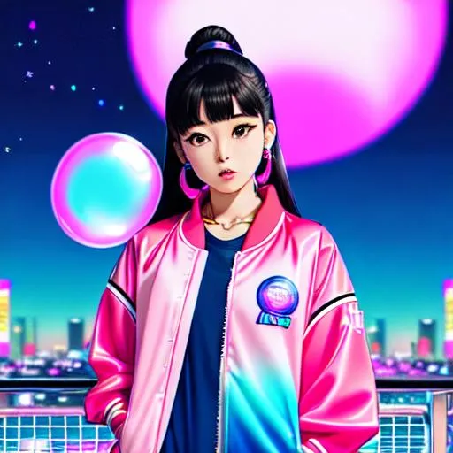 Prompt: vaporwave japan city night time anime girl in varsity jacket blowing bubble gum