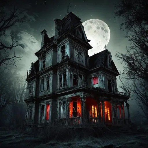 Prompt: Create an image of a old haunted ruined house, in a moonlit night with horror ambiance 