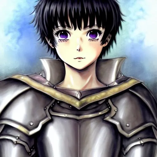 Prompt: anime portrait of Casca from Berserk wearing armor, anime eyes, blushing, beautiful intricate black hair, shimmer in the air, hyper-realistic, beautiful, beautiful wavy hair, symmetrical, smiling, kind, bloom and blush, DeviantArt, extremely detailed eyes, in Berserk style, concept art, SFM style model, digital painting, looking into camera, square image, Kentaro Miura