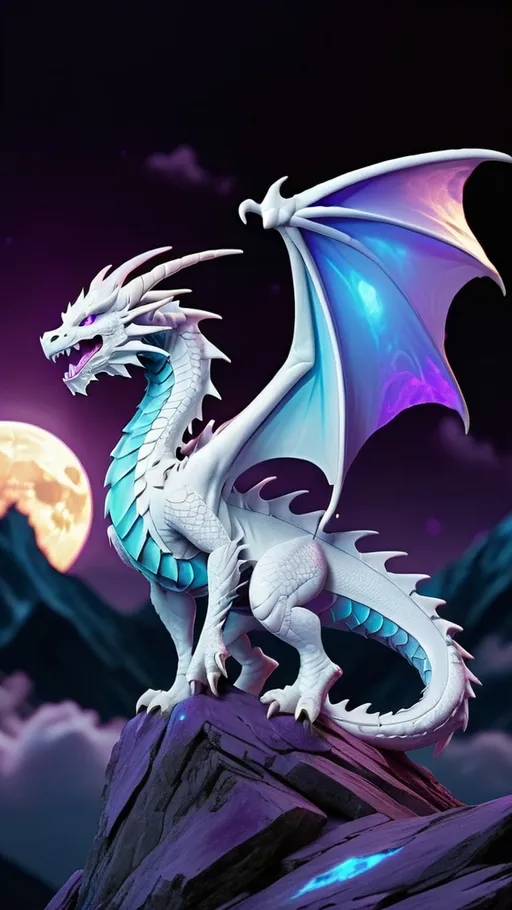 Prompt: white dragon with bluish scales edge skin standing on mountain top on full moon night looking to purple glowing comet crash.