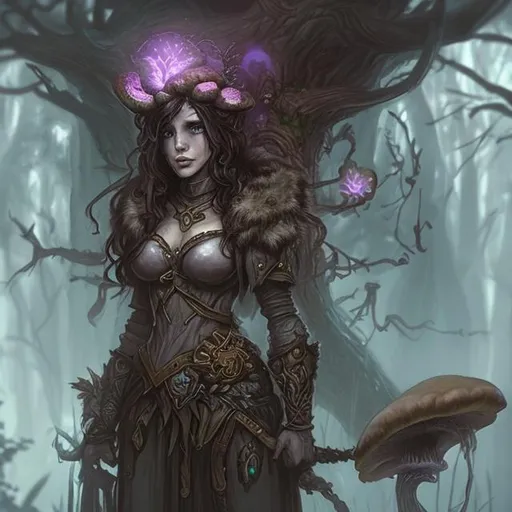 Prompt: Mysterious adventurer female druid of mushroom spores, detailed character portrait, dark fantasy vibe, creative dnd character ideas