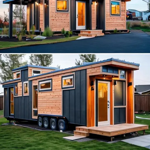 Prompt: modern tiny home in a suburban community with pool and model inside