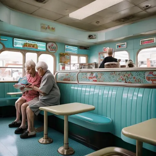 Prompt: an elderly couple sits at a baby blue boomerang-patterned diner countertop, reading the menu like a well-worn novel