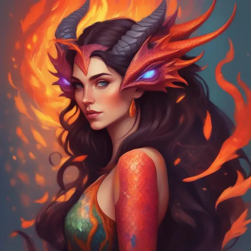 Prompt: A colourful and beautiful brunette Persephone, she is a dragon woman, with scales for skin, horns and fire for hair, in a painted style