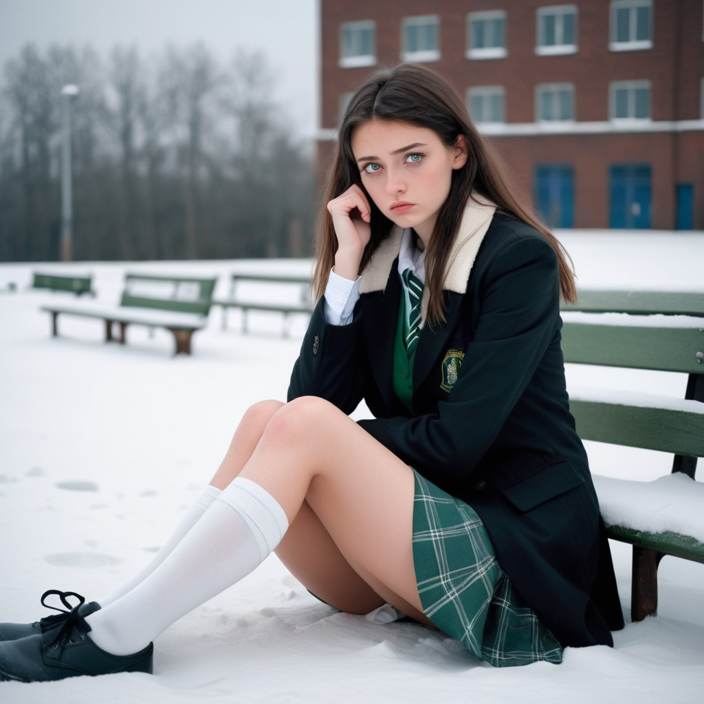 A very tall Brunette Girl with light green eyes sitt... | OpenArt