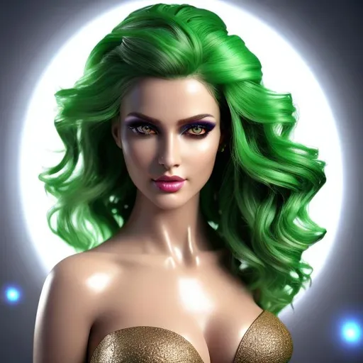 Prompt: HD 4k 3D 8k professional modeling photo hyper realistic beautiful evil woman ethereal greek goddess of sin
green hair updo dark eyes makeup gorgeous face olive very curvaceous figure skimpy clothes harlot full body surrounded by magical glow hd landscape background laying in bedroom