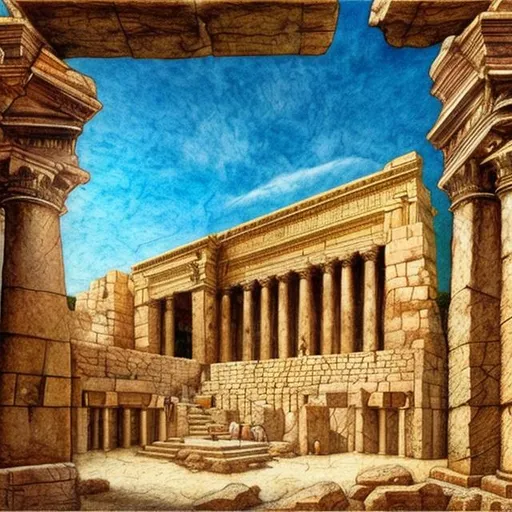Prompt: a realistic picture of the outside of Herod's temple in the style of leonardo da vinci with vibrant colors and a blue sky