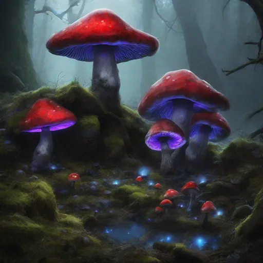 Prompt: Mushroom cavern, grey mist, darkness, blue light, Blackstone, cavern huge mushrooms with purple and red hats, fungus village, dark-green mossy ground