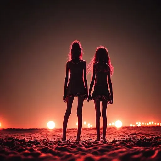 Prompt: On the beach during summer.
There is a moon eclipse on the back and red lights behind the moon.
A couple of girl holds her hands.
The camera watch the girls from behind. The girls are covered by blood and one of them has a blade.
A lot of zombies running towards the girl but we can see only the shape of the zombies.
The girls are in the foreground and the zombies are in the background.
The girls are not zombies.
Girls do not look at the camera.
The color are warm but the sky is dark and cold.
There is a lot of zombies on the scenario.
It is a Disney Pixar movie
