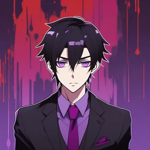 Prompt: Anime Style, young adult male with short black hair, purple skin, purple eyes, and wearing a 
 purple business suit with a black tie, and red dripping background with black undertones