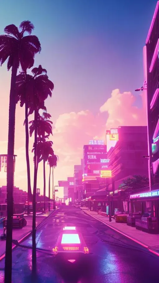 Prompt: vaporwave city, neon lighting, beautiful sunset, palm trees. Retro 
