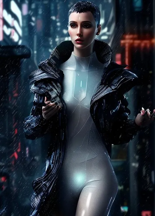 Prompt: create a beautiful futuristic women style like blade runner movie in a futuristic and transparent clothings 