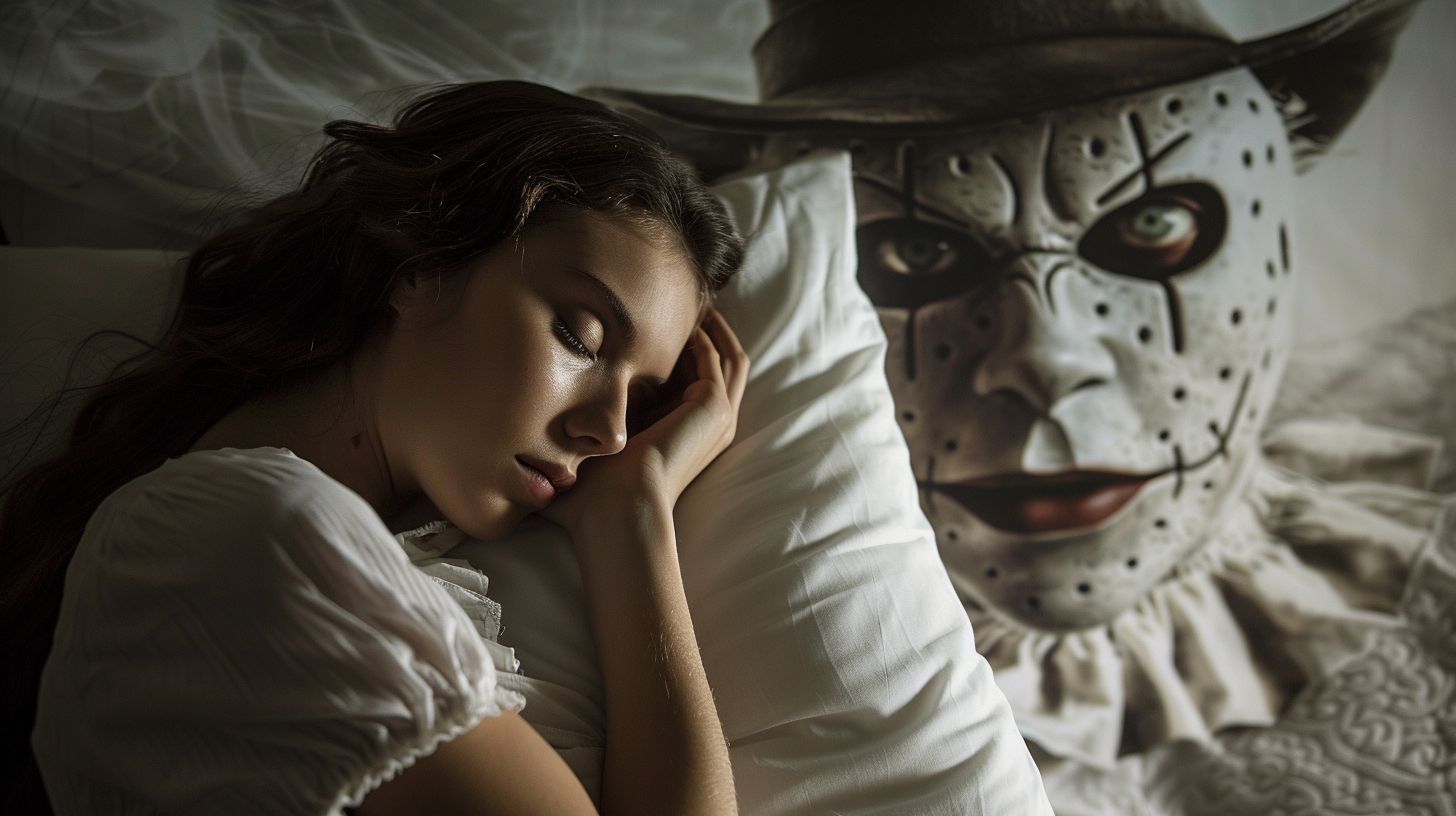 Prompt: girl sleeping in bed, freddy kruger comming through the white wall made of white sheet behind the bed