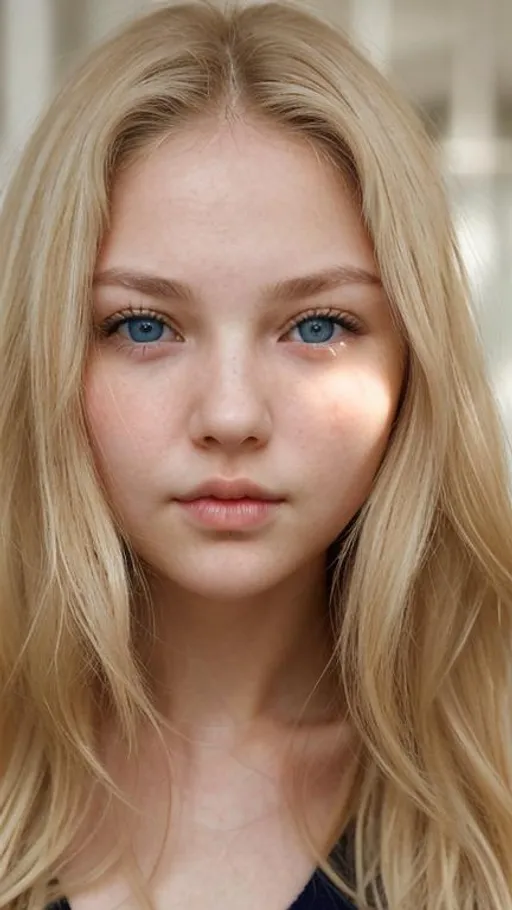 Prompt:  blonde woman with medium-length hair,  blue eyes, a small, thin nose, a rounded face with chubby cheeks and lips, large, expressive eyes, and a small, delicate ear. She has fair skin, but not too fair.  She looks to be about 21 years old.