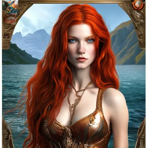 Prompt: Lady of the lake with red hair and great chest. hiperrealist and ultradetailed hd