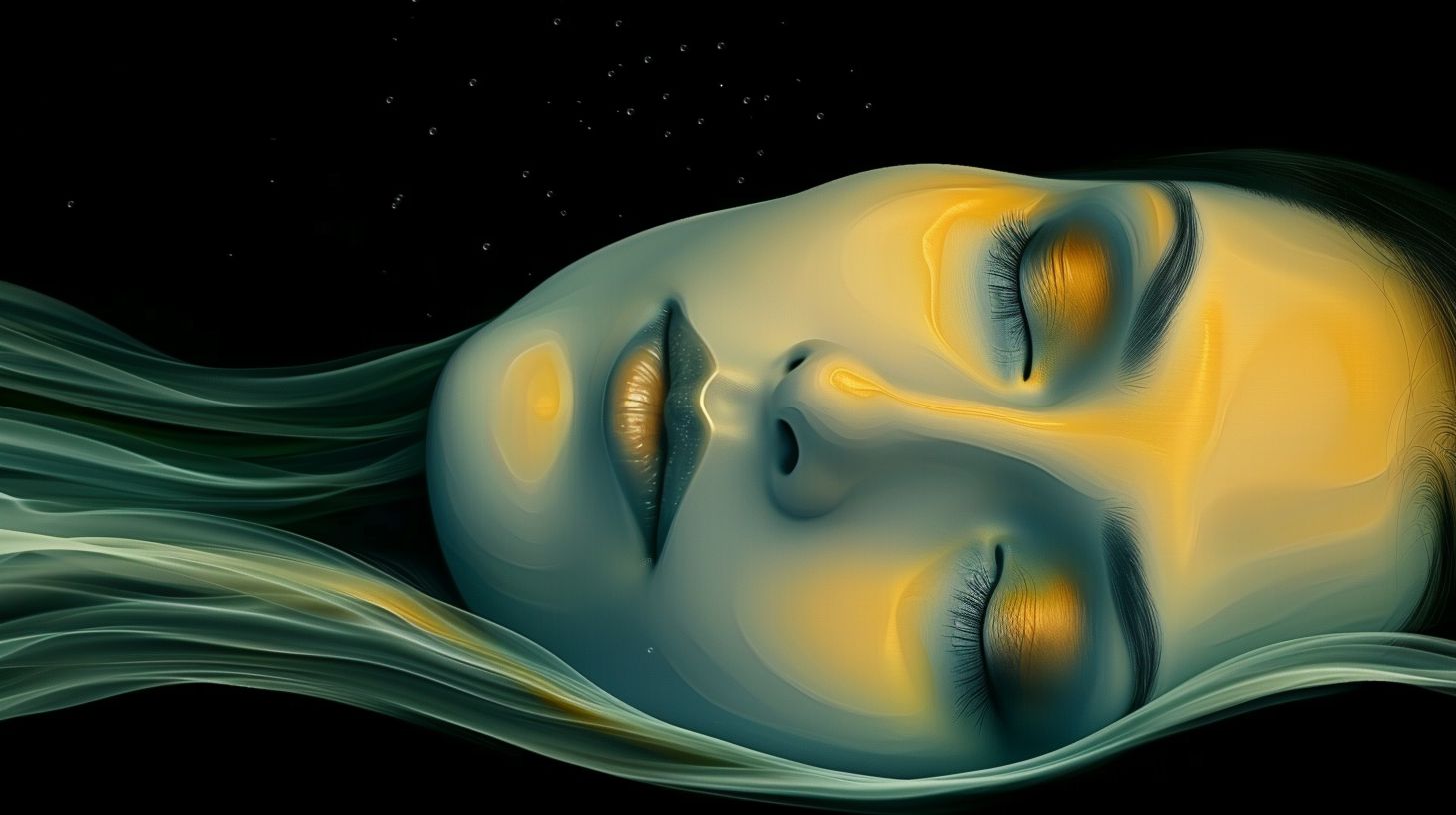 Prompt: 3d digital artwork of a woman's head, incorporating bold swirling colors and intense split toning. The style is an imaginative hyper-realistic acrylic painting, with exaggerated flowing lines and surreal character details. The mindscapes are now vibrant and fantastical, creating a dream-like environment, finished with a matte texture.