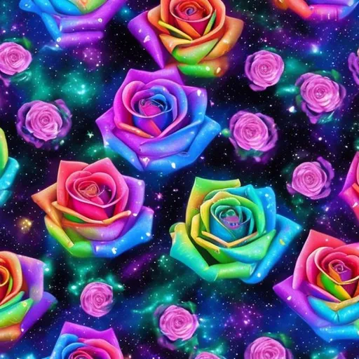 Prompt: Holographic roses in outer space in the style of Lisa frank