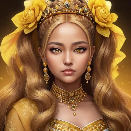 Prompt: Queen bee-A beautiful woman with thick, full honey golden hair arrainged in a top knot behind a gold tiara. Amber colored eyes, gown in colors of yellow and black, facial closeup
