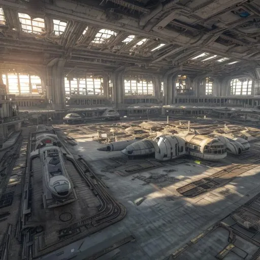 Prompt: futuristic abandoned art nouveau shipping terminal, several parked space shuttles, interior, realistic details, photorealistic, 8k render, cinematic lighting, ultra detailed