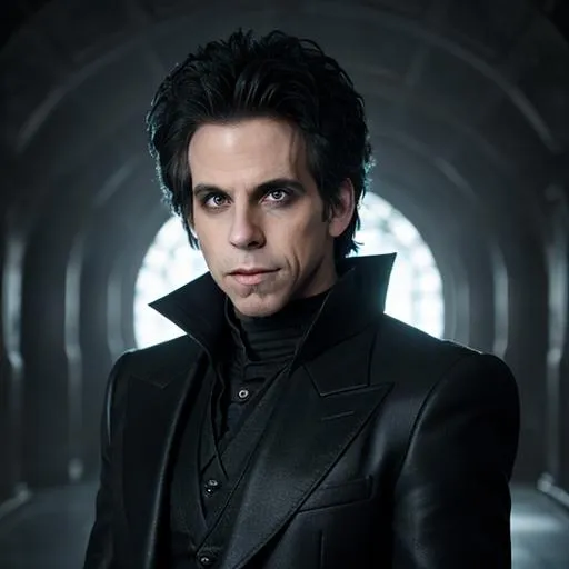 Prompt: Ben Stiller as an evil wizard, crazy anime hair, heavy eye shadow, dark eyes, heavy make up, magic, fantasy setting