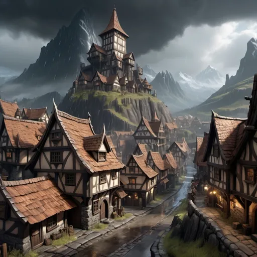 Prompt: Town surrounded by mountains in Warhammer fantasy RPG style, detailed architecture, heavy raining, rugged terrain, dramatic lighting, high quality, high definition, realistic, fantasy, medieval, detailed buildings, various buildings, atmospheric lighting, epic landscape, rugged terrain, dramatic sky, immersive environment, rainy day, wet detailed textures of buildings and roads