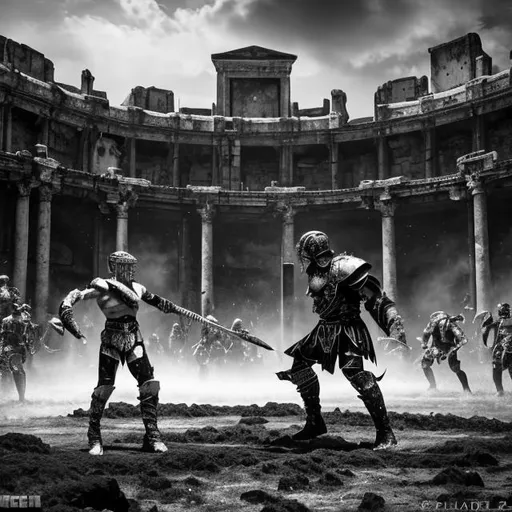 Prompt: monochrome, gladiator arena, fight, brutal, geiger, scifi