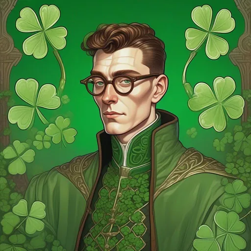 Prompt: portrait of an irish freckled beautiful handsome brown haired male with green shamrocks, very short slicked back pompadour undercut with shaved sides and chestnut wisps, wearing a sorcerer mantle and round glasses, green amalgam shades with emerald dull lenses, intricate, pale milky skin, birth marks, sharp focus, in the style of Ivan Bilibin, Ernst Haeckel, Daniel Merriam, watercolor and ink