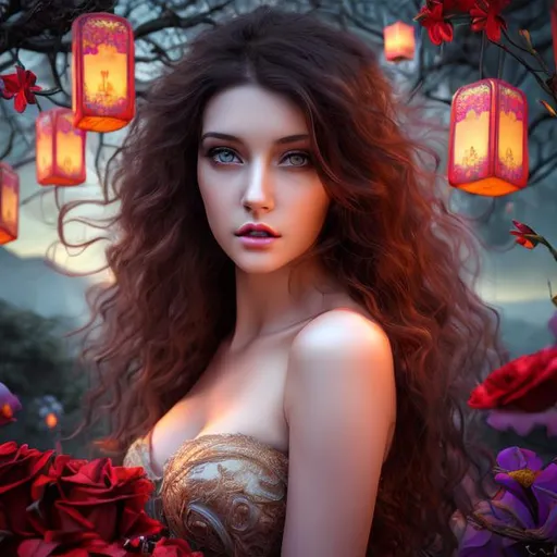 Prompt: HD 4k 3D professional modeling photo hyper realistic beautiful enchanting sorceress woman dark curly flowing hair pale skin dark eyes gorgeous face dark red dress tower with flowers and paintings landscape lanterns hd background ethereal mystical mysterious beauty full body