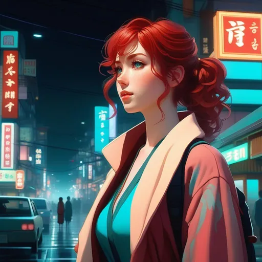 Prompt: Third person, gameplay, Japanese girl, pale skin, freckles, curly red hair, teal eyes, 2020s, smartphone, streets of Tokyo at night, fog, blue atmosphere, cartoony style, extremely detailed painting by Greg Rutkowski and by Henry Justice Ford and by Steve Henderson 

