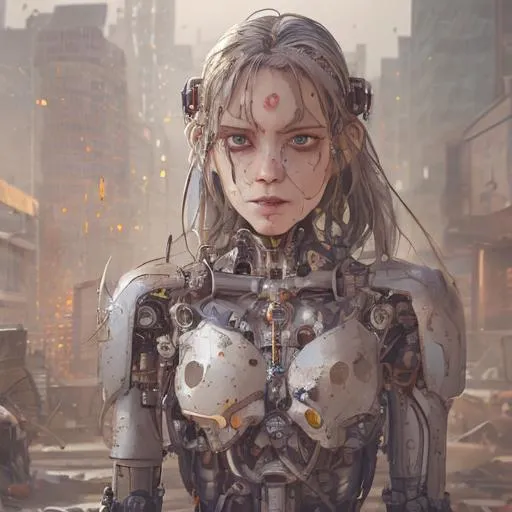 Prompt: Please create a picture of broken cyborg female  thrown in the garbage, destroyed, rust, mechanical, wires, photography, detailed skin, realistic, photo-realistic, 8k, highly detailed, full length frame, High detail RAW color art, diffused soft lighting, shallow depth of field, sharp focus, hyperrealism, cinematic lighting, vibrant colors