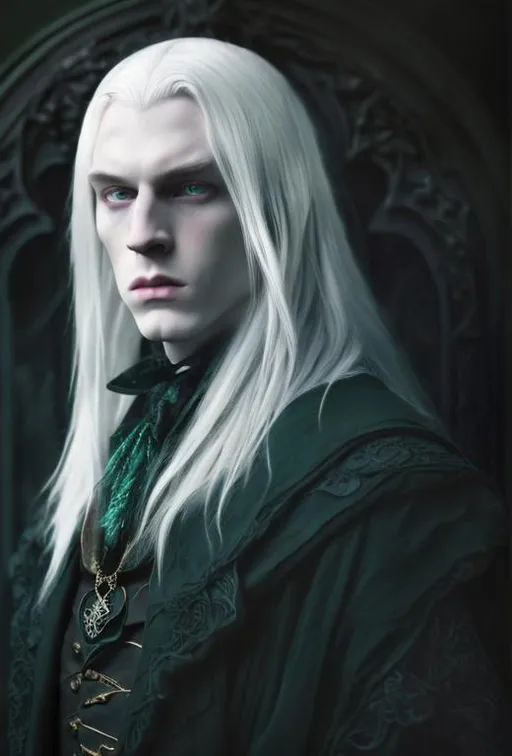 Prompt:  8K, HD, 3D, portrait of wicked dark wizard, albino male, beautiful face, handsome male, dynamic pose,pale beautiful face, grey stunning eyes, delicate face, extra long white straight hair, elegant green wizard clothes, intricate, detailed, charming male, light contrast, noble, perfect anatomy, gothic dark room ambient, perfect male beauty, golden ratio