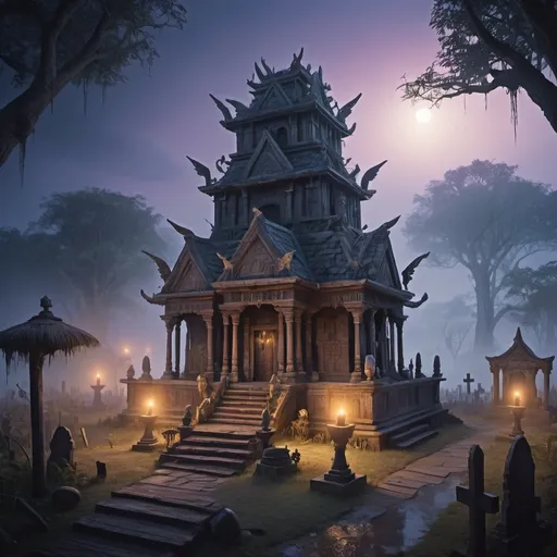 Prompt: Fantasy Illustration of a small voodoo temple, entire structure, wooden and stray materials, misty twilight, immersive world-building, high quality, detailed, epic scale, fantasy, surrounded by a cemetery, bayou settlement 