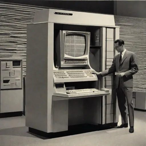 Prompt: Late 1950s 1960s Retro-Futuristic advanced computer demonstration. IBM 7090. High Quality, Detailed