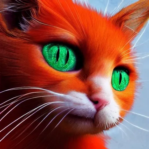 Prompt: Orange, red maned anime cute dragon with green eyes and red pupil with wings, horns in the shape of a V, feathery whiskers and a furry tail. Realistic kitty