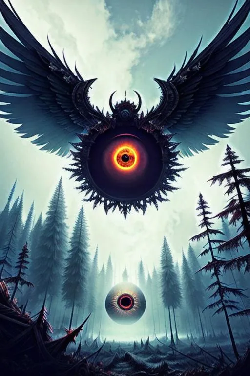 Prompt: floating eyeball with with multiple pairs of giant wings, cross between angel and beholder, intricate detail multilayered, swirling ribbons,    artstation, matte, sharp focus, illustration,  post apocalyptic forest wasteland, fog, dynamic posture,
