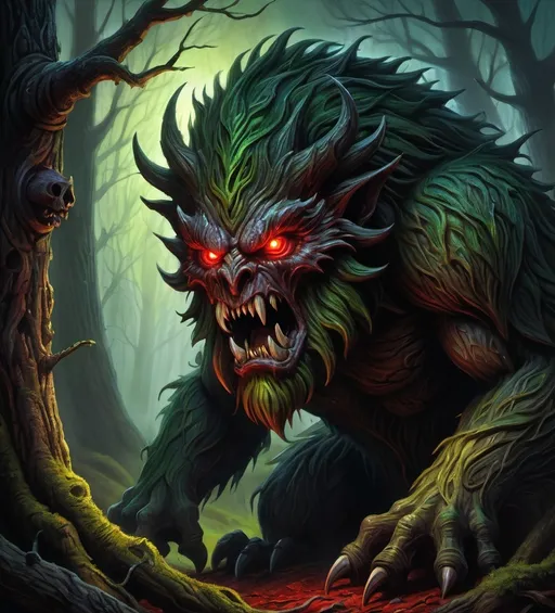 Prompt: Warhammer fantasy RPG style tree monster, highly detailed illustration, detailed face, painful expression, oil painting, dark and ominous atmosphere, intricate bark textures, haunting red and green hues, mystical forest setting, piercing glowing eyes, ancient and weathered appearance, best quality, highly detailed, oil painting, fantasy, dark atmosphere, intricate textures, mystical forest, glowing eyes, ancient appearance, haunting colors, professional, dramatic lighting