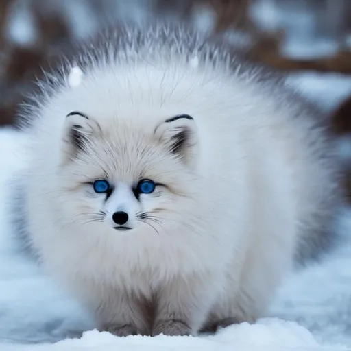 Prompt: Fluffy cute ball that is a artic fox, bright blue eyes, white fluff, adorable, master of the snow, masterpiece, best quality, ((In Serendipity style))