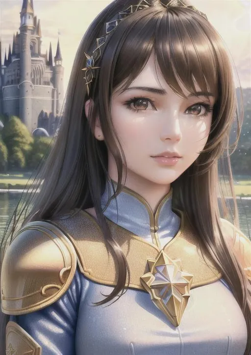 Prompt: best quality, realistic, masterpiece, an extremely delicate and beautiful, extremely detailed , highres, extremely detailed, castle background, miranda cosgrove, beautiful detailed girl, head and shoulder body, realistic, armor, beautiful detailed brown eyes, light on face, cinematic lighting, black straight long hair