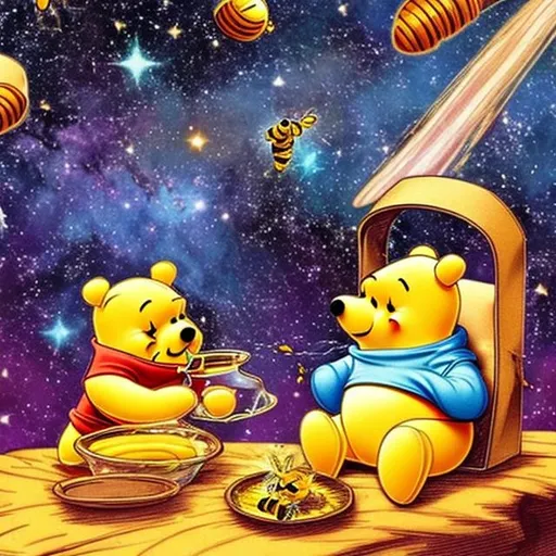 Prompt: Pooh eating honey while in space with stars galaxy