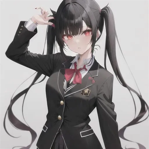 Prompt: a cute black-haired girl with a dark academia aesthetic, long pigtails, a leader personality, school uniform, who likes music
