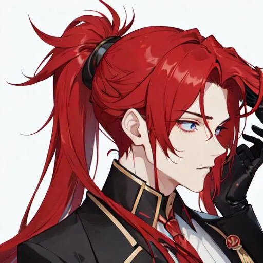 Prompt: Zerif 1male (Red side-swept hair covering his right eye) pulling his hair back, side profile,