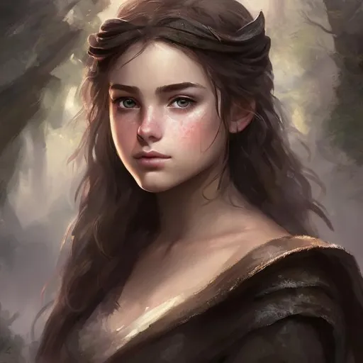 Prompt: head portrait of a beautiful fantasy young teenaged maiden dressed like a modest, rugged ranger, black cape. brunette hair, grey eyes. Epic romantic painting