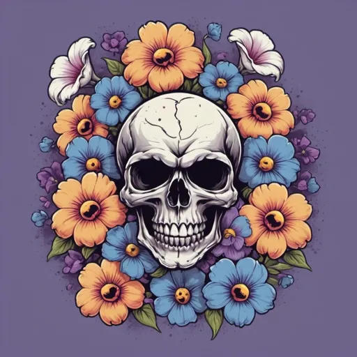 Prompt: a laughing skull surrounded by flowers